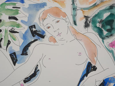 Alain BONNEFOIT : Nu féminin au drapé rose, Lithographie originale signée