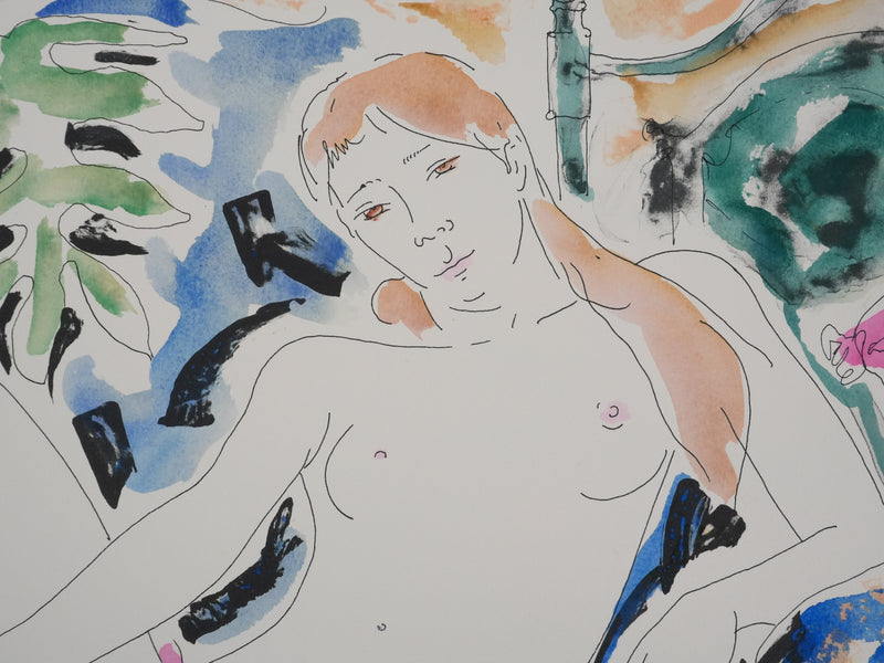 Alain BONNEFOIT : Nu féminin au drapé rose, Lithographie originale signée