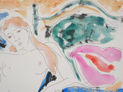 Alain BONNEFOIT : Nu féminin au drapé rose, Lithographie originale signée