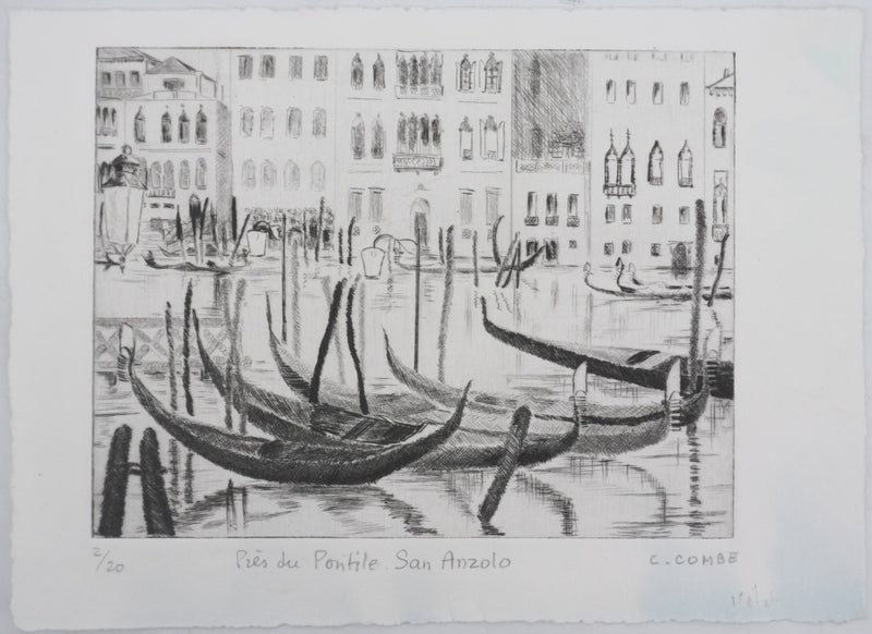 Camille COMBE : Venise, Près du Pontile San Anzolo, Gravure originale signée
