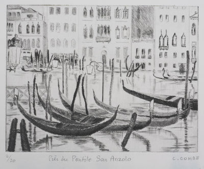 Camille COMBE : Venise, Près du Pontile San Anzolo, Gravure originale signée