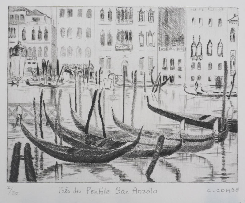 Camille COMBE : Venise, Près du Pontile San Anzolo, Gravure originale signée