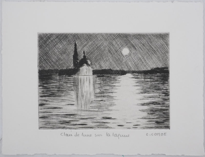 Camille COMBE : Clair de lune sur la lagune, Gravure originale signée