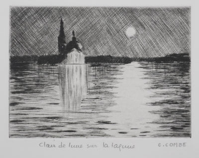 Camille COMBE : Clair de lune sur la lagune, Gravure originale signée