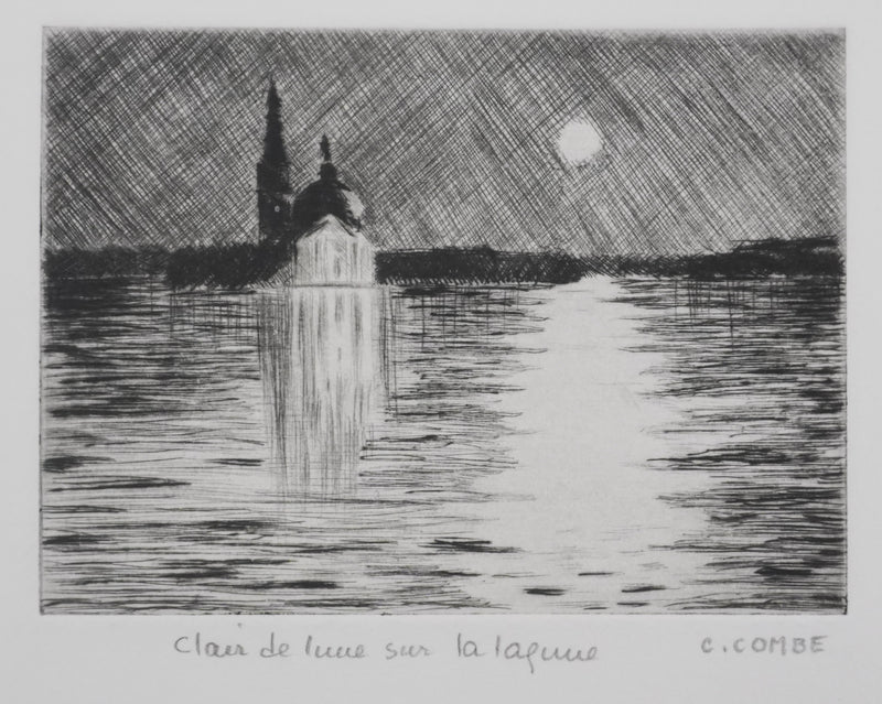 Camille COMBE : Clair de lune sur la lagune, Gravure originale signée