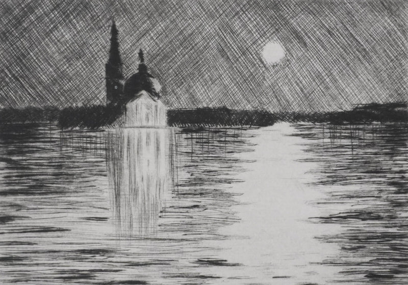 Camille COMBE : Clair de lune sur la lagune, Gravure originale signée