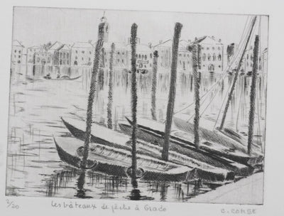 Camille COMBE : Les bateaux de pêche à Grado, Gravure originale signée