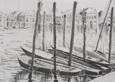 Camille COMBE : Les bateaux de pêche à Grado, Gravure originale signée