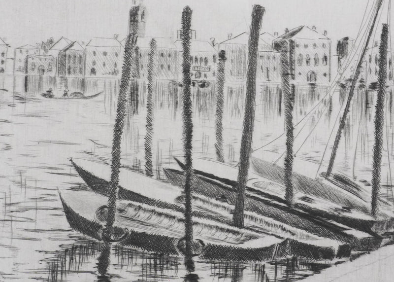 Camille COMBE : Les bateaux de pêche à Grado, Gravure originale signée