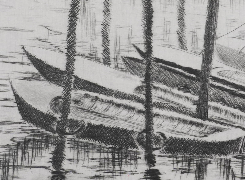 Camille COMBE : Les bateaux de pêche à Grado, Gravure originale signée