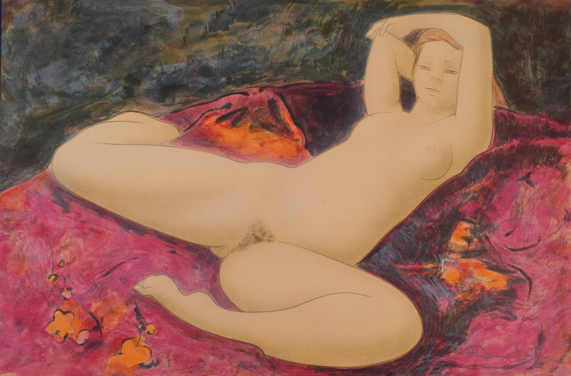 Alain BONNEFOIT : Nu féminin au drapé fleuris, Lithographie originale signée