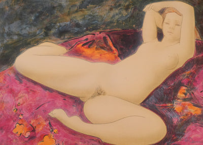 Alain BONNEFOIT : Nu féminin au drapé fleuris, Lithographie originale signée
