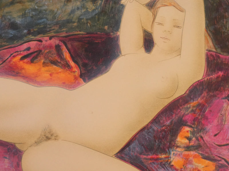 Alain BONNEFOIT : Nu féminin au drapé fleuris, Lithographie originale signée