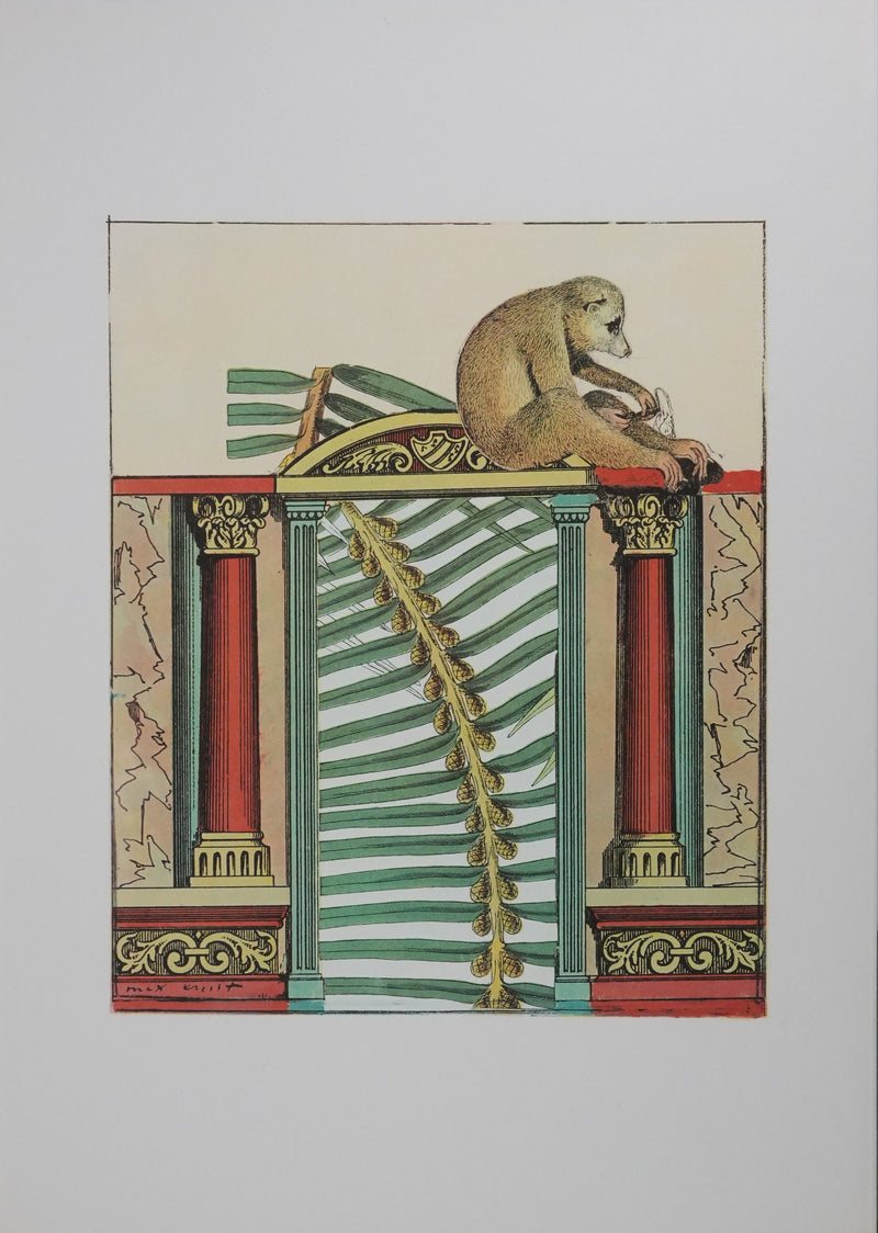 Max ERNST : Décors antique et singe, Lithographie signée