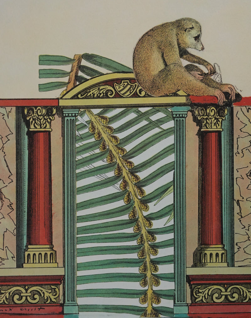 Max ERNST : Décors antique et singe, Lithographie signée
