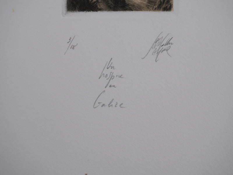 Jean Michel MATHIEUX-MARIE : Hospice en Galice, Gravure originale signée