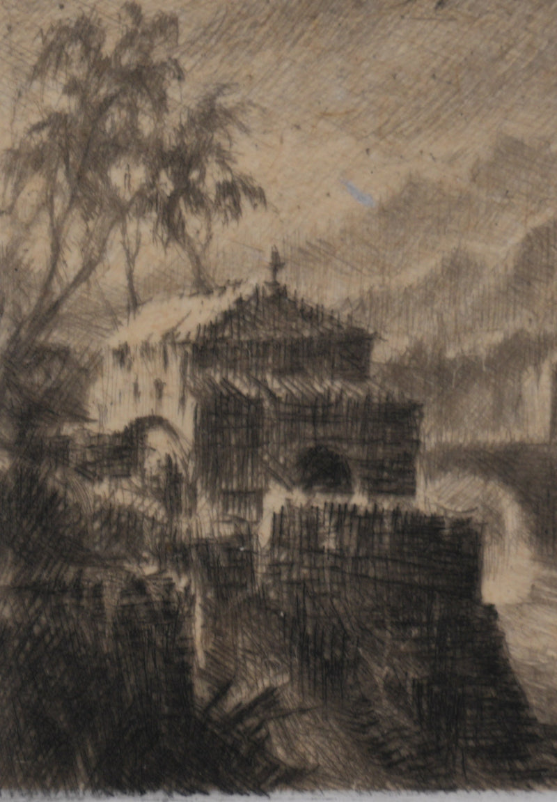 Jean Michel MATHIEUX-MARIE : Hospice en Galice, Gravure originale signée