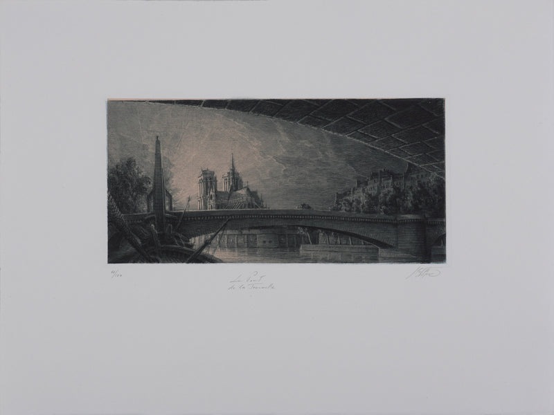 Jean Michel MATHIEUX-MARIE : Paris, Le pont de la Tournelle, Gravure originale signée