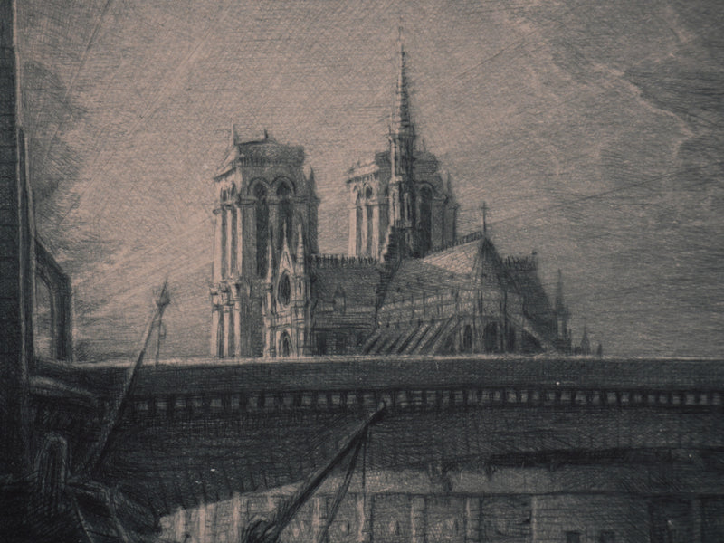 Jean Michel MATHIEUX-MARIE : Paris, Le pont de la Tournelle, Gravure originale signée