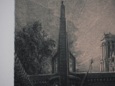 Jean Michel MATHIEUX-MARIE : Paris, Le pont de la Tournelle, Gravure originale signée