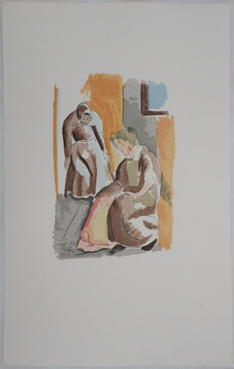 Adolphe FEDER : Deux vieilles personnes, Lithographie originale signée