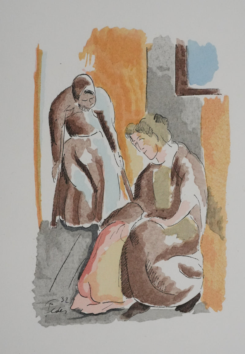 Adolphe FEDER : Deux vieilles personnes, Lithographie originale signée