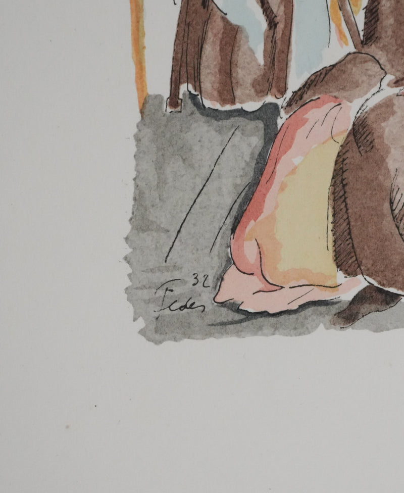 Adolphe FEDER : Deux vieilles personnes, Lithographie originale signée