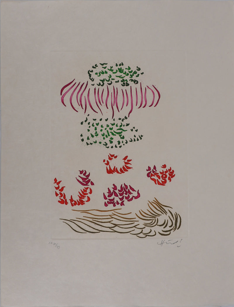 Jacques HEROLD : Composition végétale surréaliste (fond blanc), Gravure originale signée