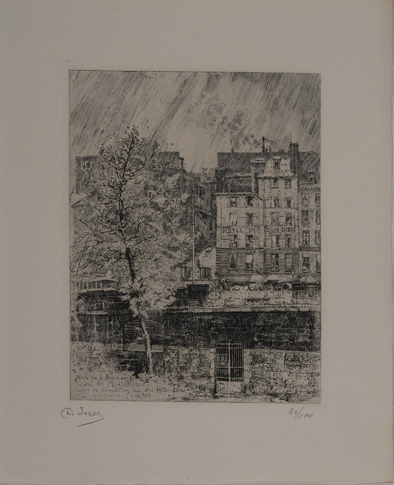 Charles JOUAS : Le Quai de Montebello, Gravure originale signée