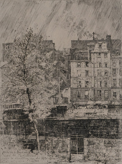Charles JOUAS : Le Quai de Montebello, Gravure originale signée