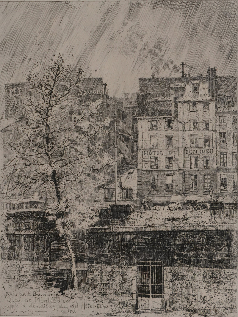 Charles JOUAS : Le Quai de Montebello, Gravure originale signée