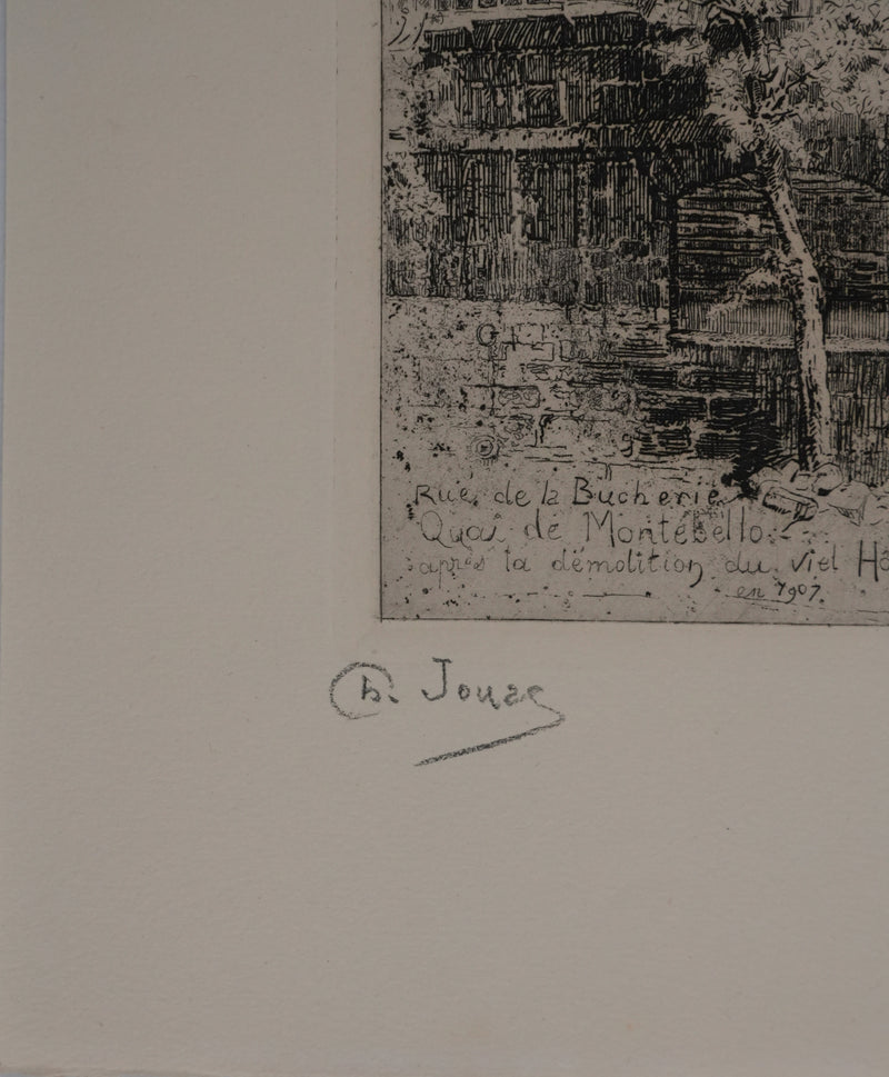 Charles JOUAS : Le Quai de Montebello, Gravure originale signée
