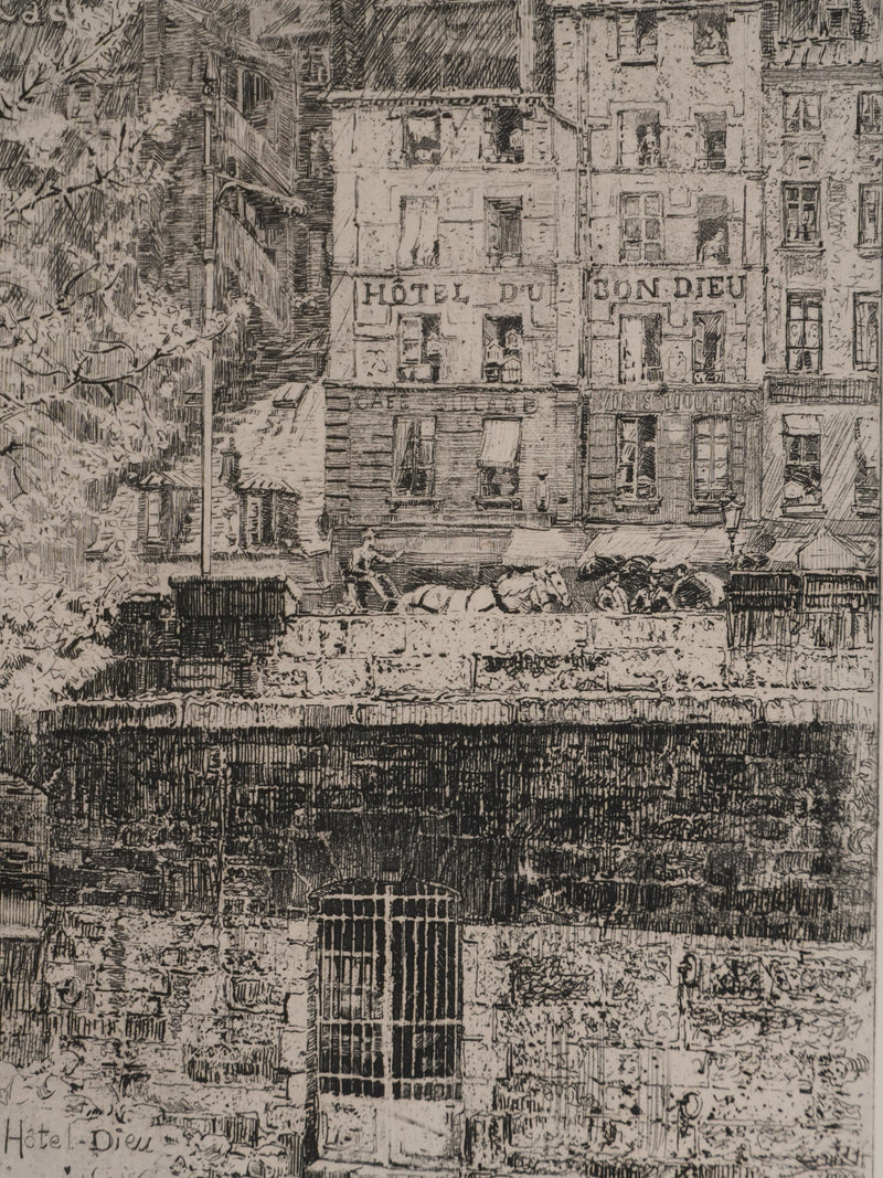 Charles JOUAS : Le Quai de Montebello, Gravure originale signée