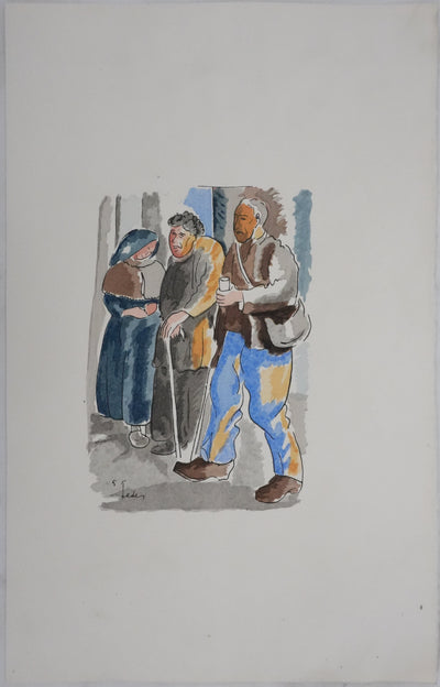 Adolphe FEDER : Les pauvres à l'église, Lithographie originale signée
