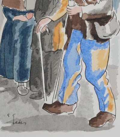 Adolphe FEDER : Les pauvres à l'église, Lithographie originale signée