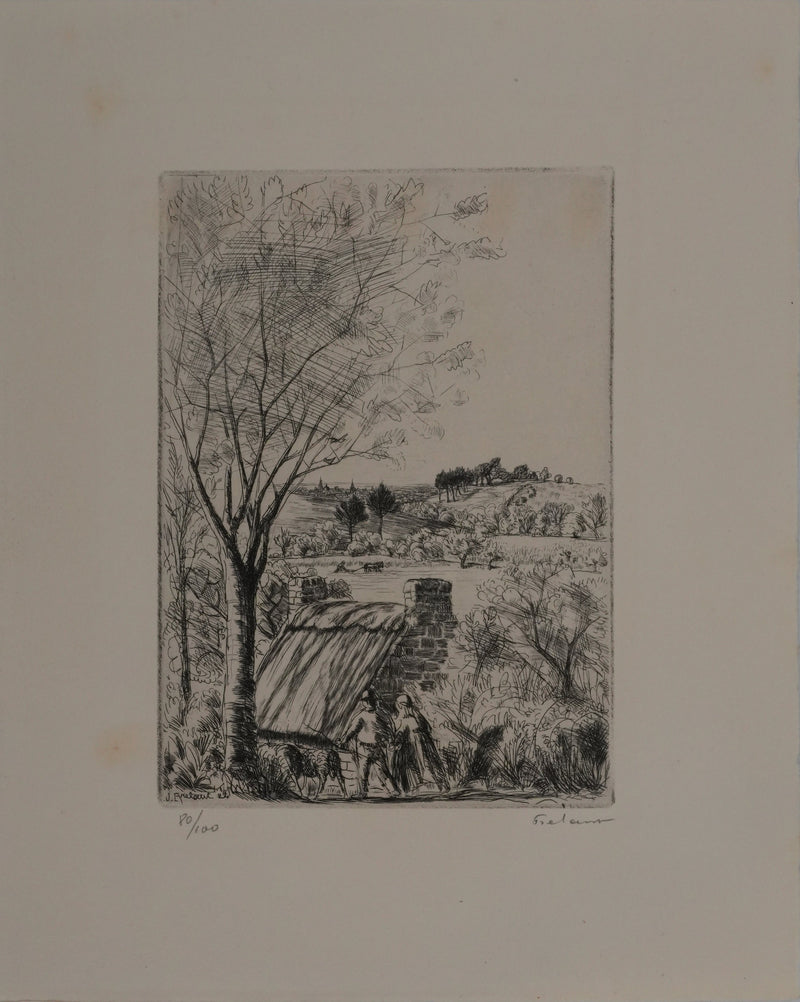 Jean FRELAUT : Les bergers au printemps, Gravure originale signée