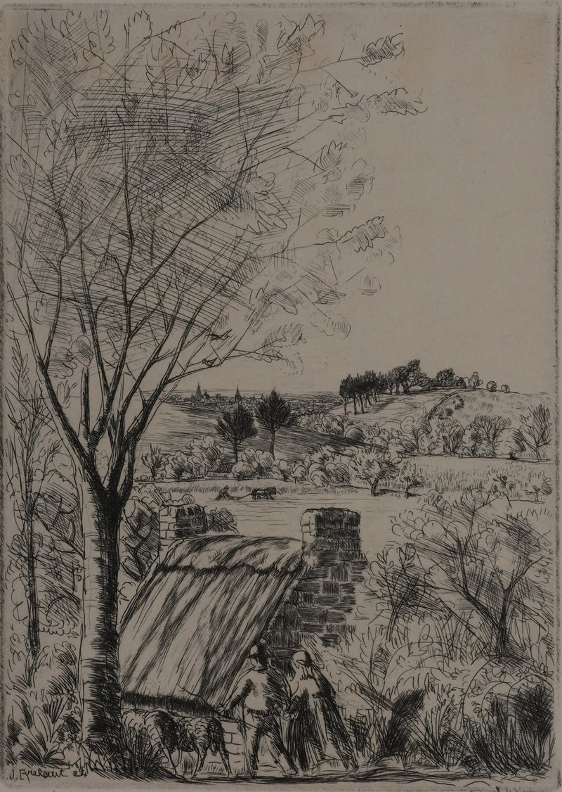 Jean FRELAUT : Les bergers au printemps, Gravure originale signée