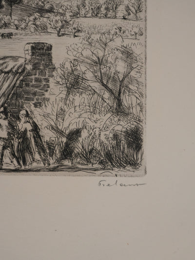 Jean FRELAUT : Les bergers au printemps, Gravure originale signée