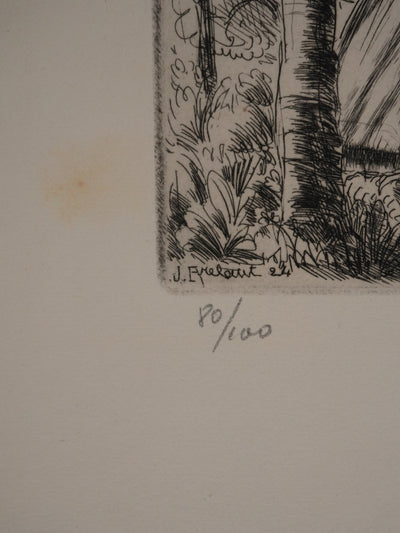 Jean FRELAUT : Les bergers au printemps, Gravure originale signée