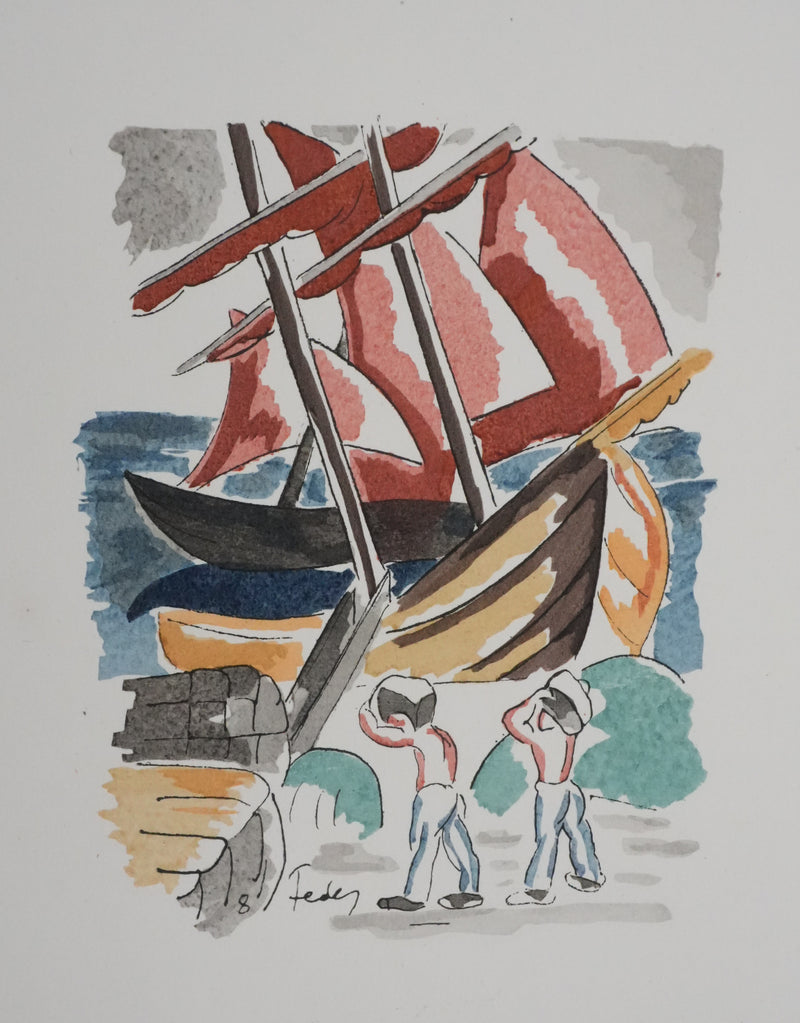 Adolphe FEDER : Bateau ivre, Lithographie originale signée