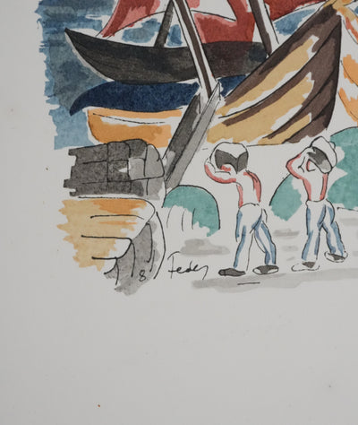 Adolphe FEDER : Bateau ivre, Lithographie originale signée