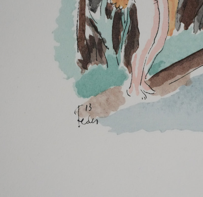 Adolphe FEDER : Nue dans la forêt, Lithographie originale signée