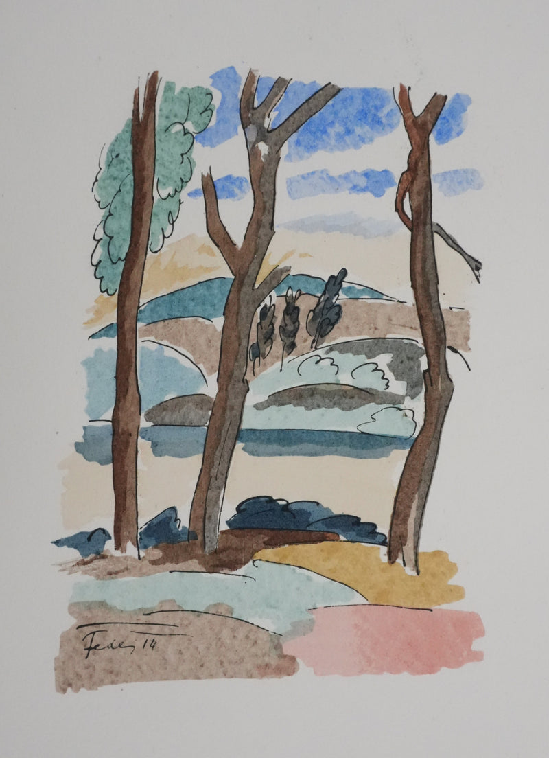 Adolphe FEDER : Paysage forestier, Lithographie originale signée