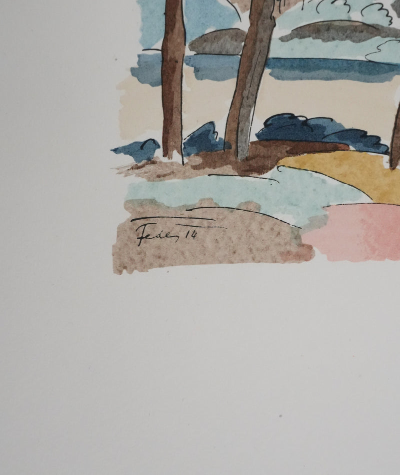 Adolphe FEDER : Paysage forestier, Lithographie originale signée