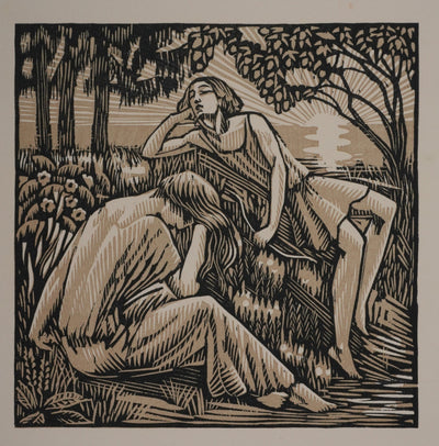 Raphaël DROUART : Moment de nostalgie dans le jardin, Gravure sur bois originale