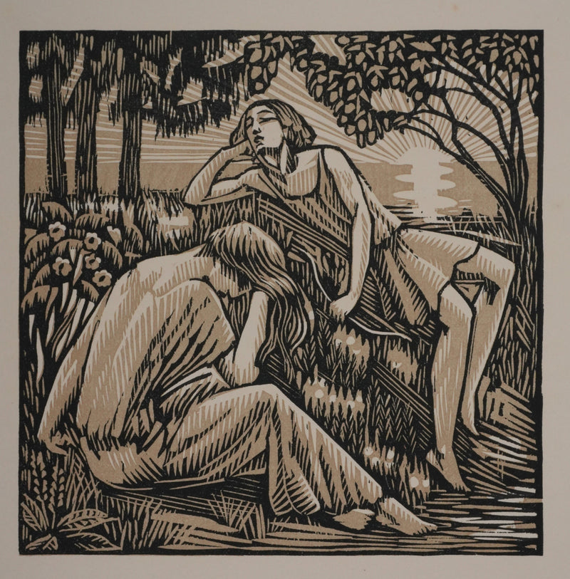 Raphaël DROUART : Moment de nostalgie dans le jardin, Gravure sur bois originale