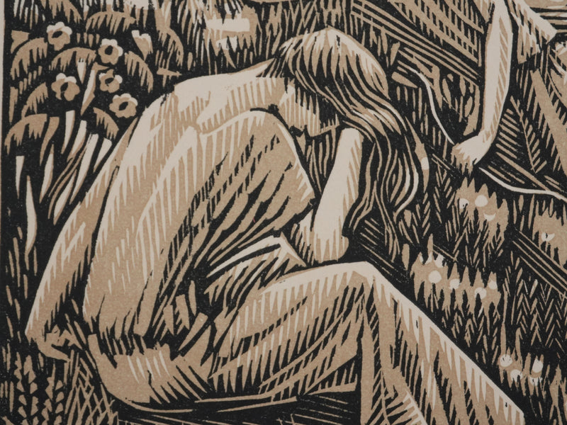 Raphaël DROUART : Moment de nostalgie dans le jardin, Gravure sur bois originale