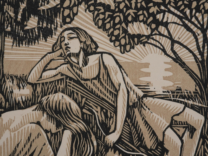 Raphaël DROUART : Moment de nostalgie dans le jardin, Gravure sur bois originale