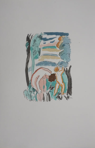 Adolphe FEDER : Personnages dans la foret, Lithographie originale signée