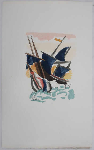 Adolphe FEDER : Navire dans les flots, Lithographie originale signée